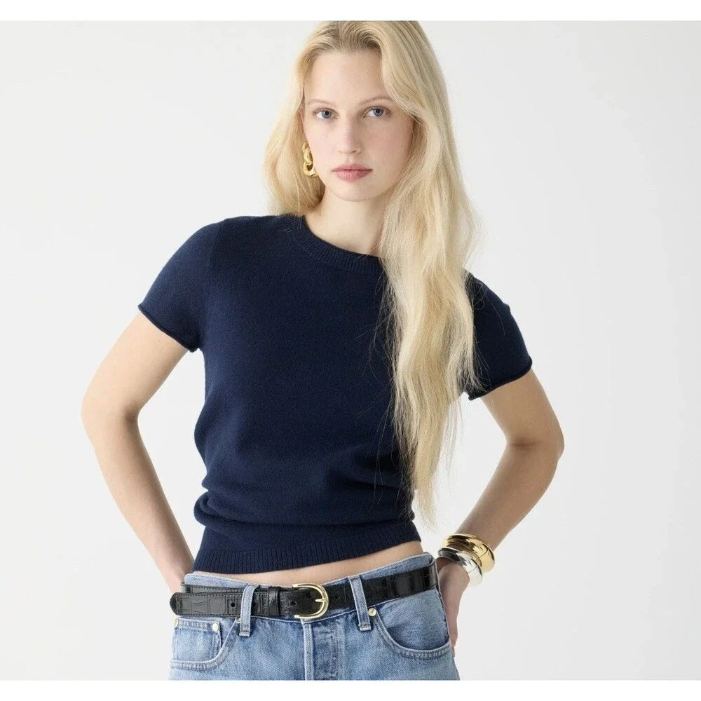 NWT J.Crew Short-sleeve Cashmere Relaxed T-shirt in Navy Blue Sweater LG